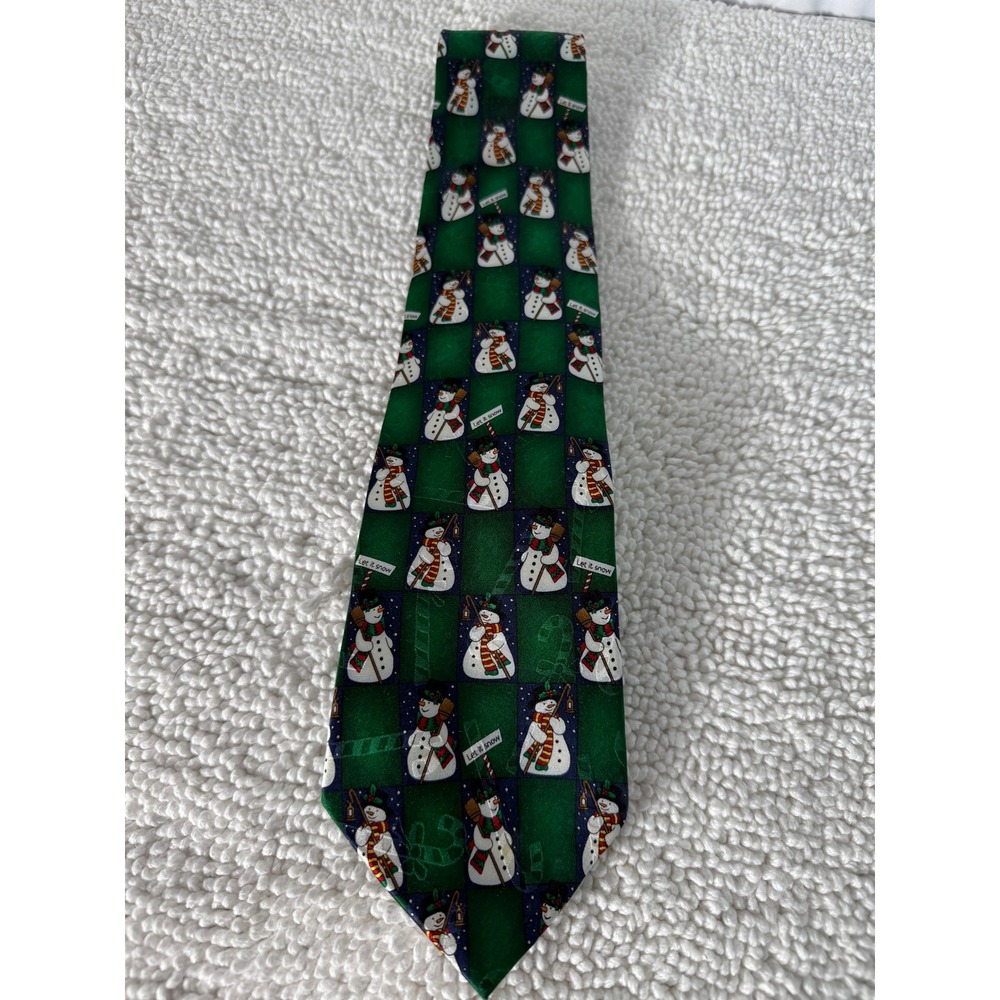 Hallmark Yule Tie Greetings Snowman Pattern Green‎ Silk Men's Necktie